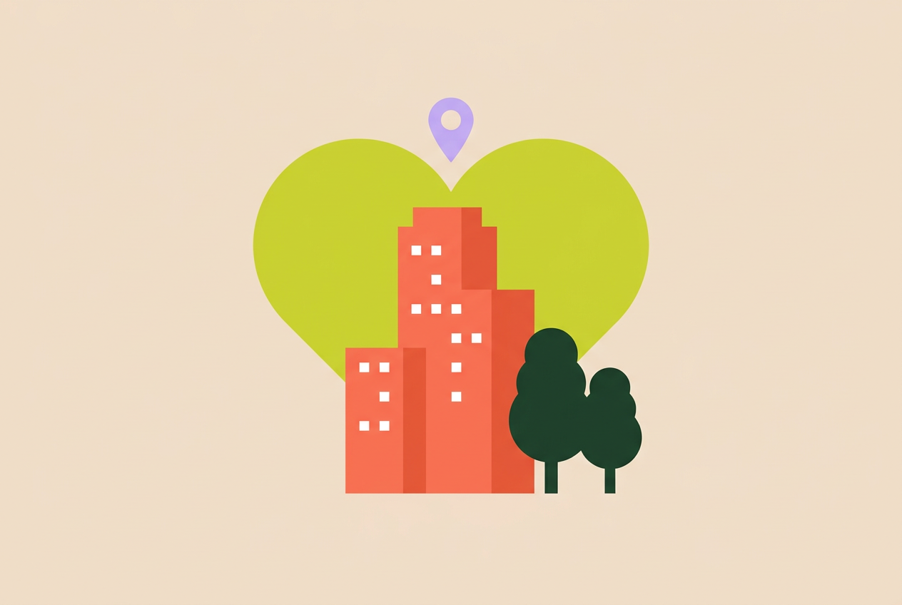 Un cœur vert, un immeuble orange, deux arbres et un repère de carte.