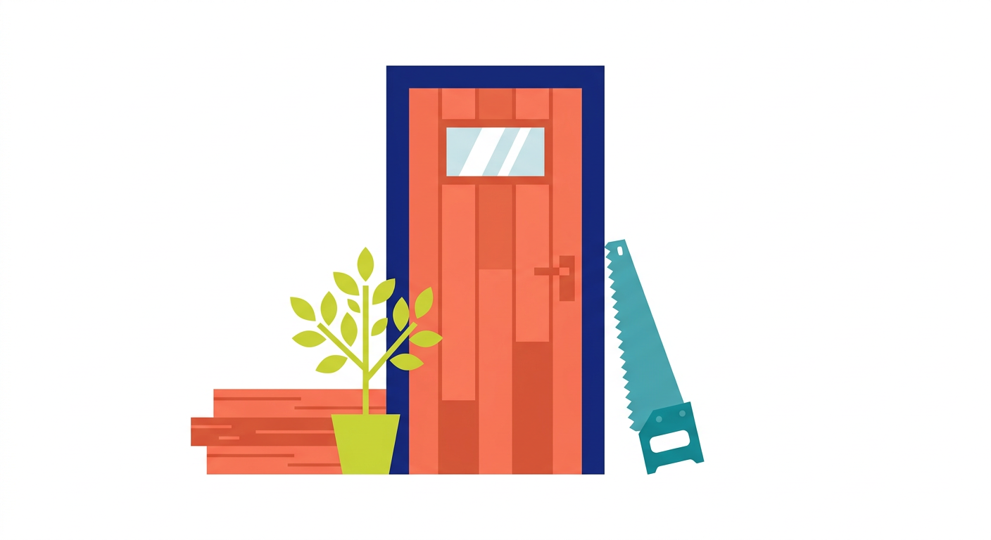 Une porte, une scie et des planches.